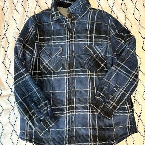 Freedom Foundry Shacket Mens XL Black Gray Blue Plaid Fleece Sherpa Lined